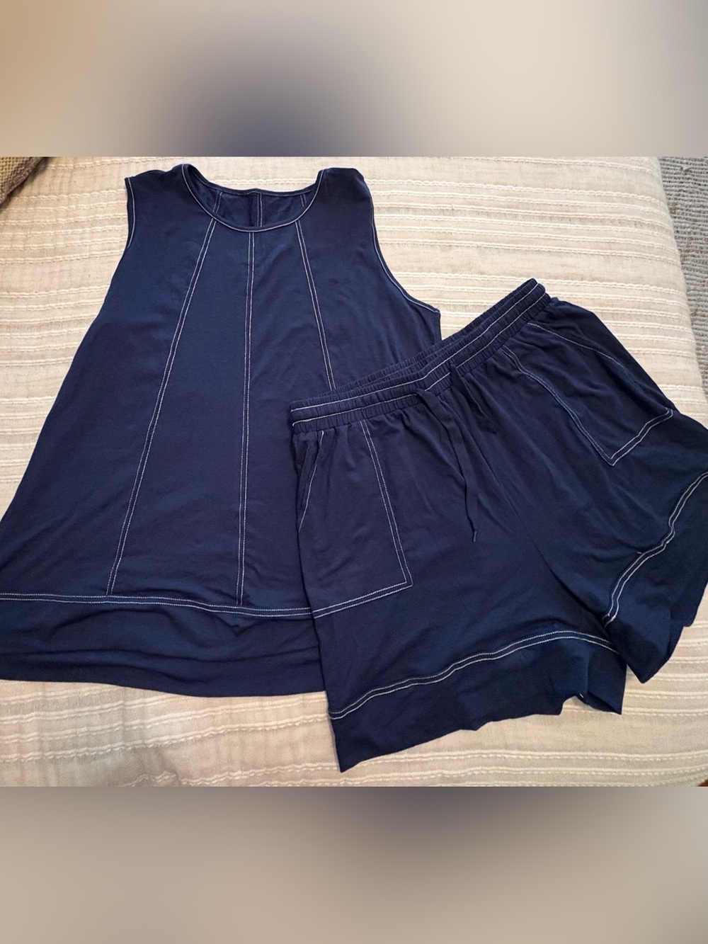 Navy Contrast-Stitch Tank and Shorts Set